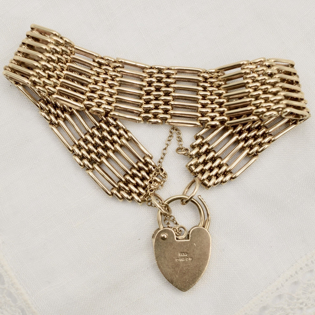 9K Solid Gold 7 Bar Wide Heavy Gate Bracelet with Heart Padlock - UK Hallmarked 1977 - 7 inch 25.3 grams