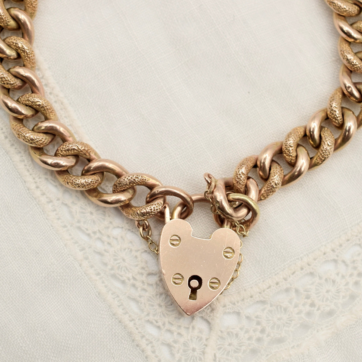 Antique 9K Gold Curb Link Charm Bracelet with Heart Padlock - Textured Day Night Links