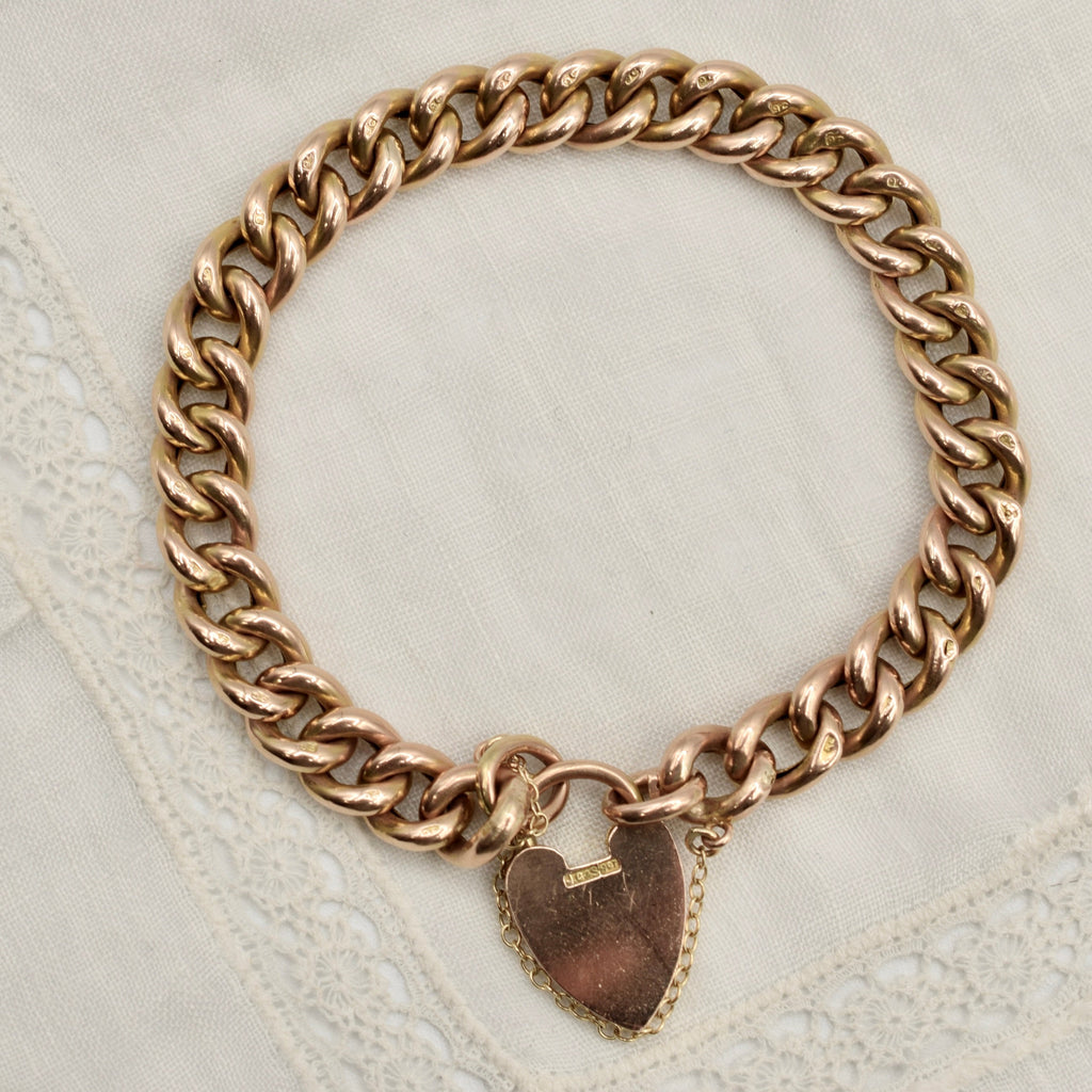 Antique 9K Gold Curb Link Charm Bracelet with Heart Padlock - Textured Day Night Links