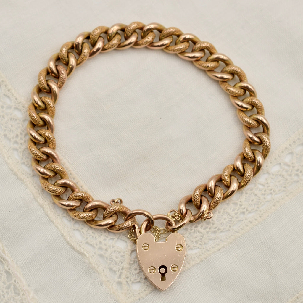 Antique 9K Gold Curb Link Charm Bracelet with Heart Padlock - Textured Day Night Links