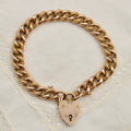 Antique 9K Gold Curb Link Charm Bracelet with Heart Padlock - Textured Day Night Links