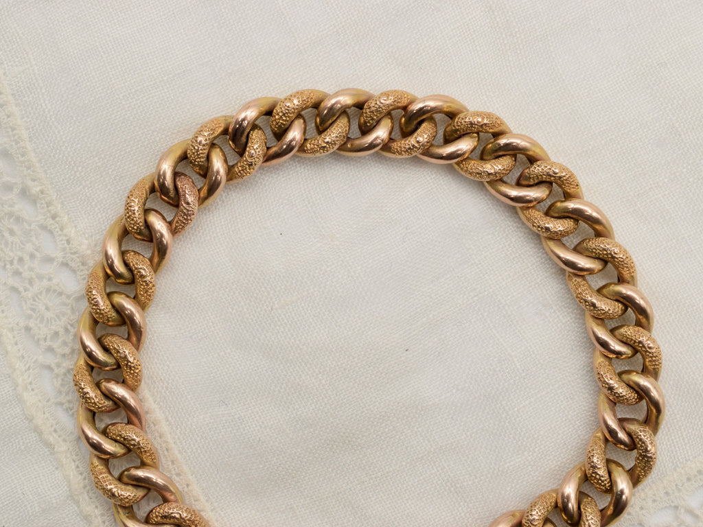 Antique 9K Gold Curb Link Charm Bracelet with Heart Padlock - Textured Day Night Links