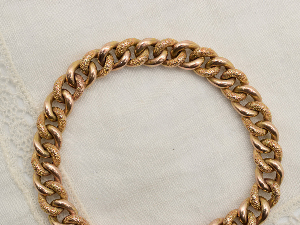 Antique 9K Gold Curb Link Charm Bracelet with Heart Padlock - Textured Day Night Links
