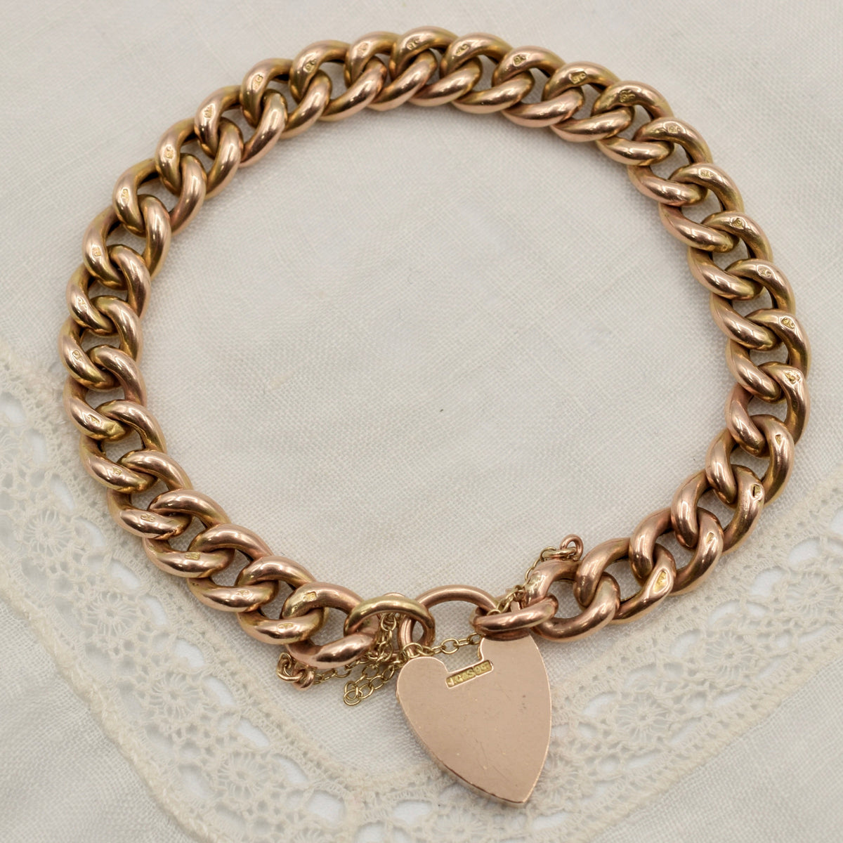 Antique 9K Gold Curb Link Charm Bracelet with Heart Padlock - Textured Day Night Links