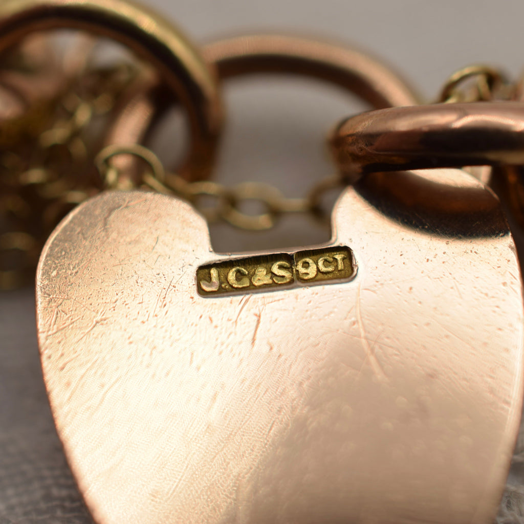 Antique 9K Gold Curb Link Charm Bracelet with Heart Padlock - Textured Day Night Links