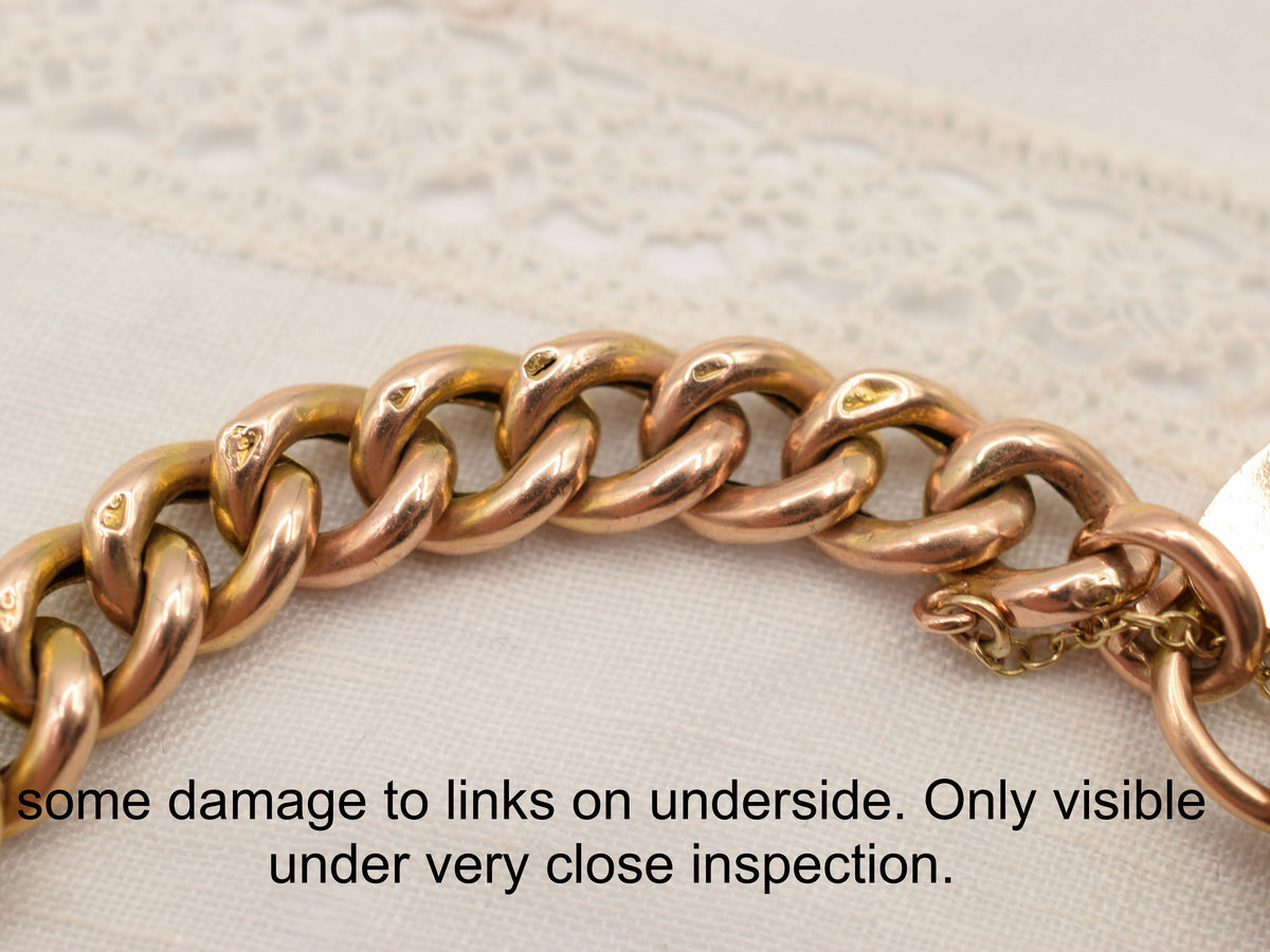 Antique 9K Gold Curb Link Charm Bracelet with Heart Padlock - Textured Day Night Links