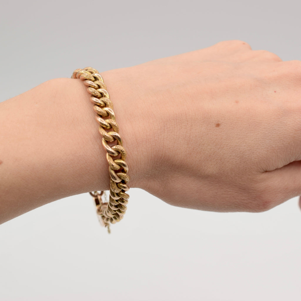 Antique 9K Gold Curb Link Charm Bracelet with Heart Padlock - Textured Day Night Links