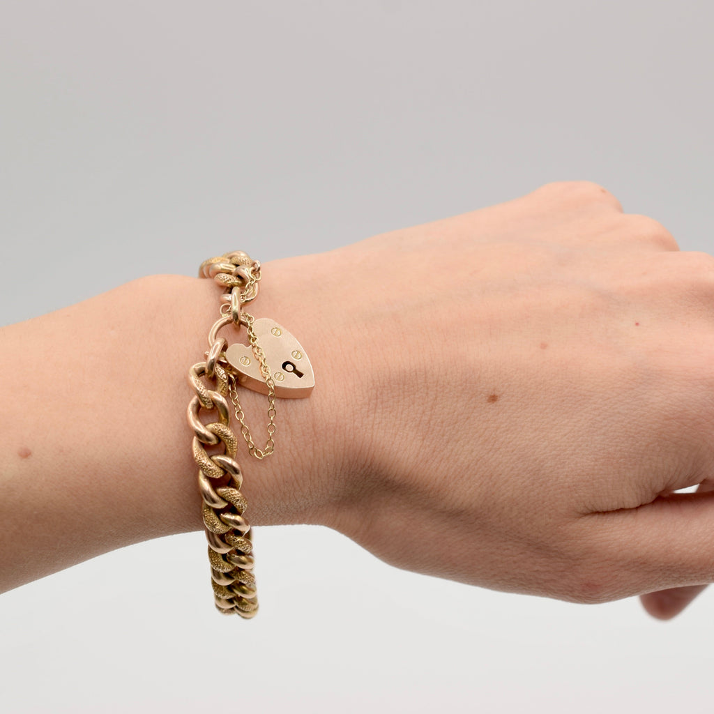 Antique 9K Gold Curb Link Charm Bracelet with Heart Padlock - Textured Day Night Links