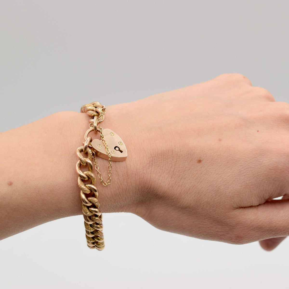 Antique 9K Gold Curb Link Charm Bracelet with Heart Padlock - Textured Day Night Links