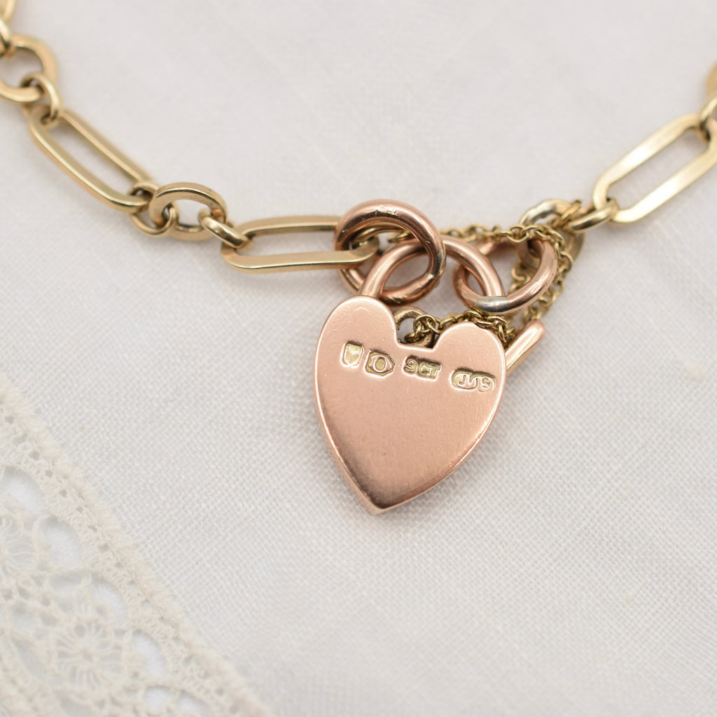 9K Gold Charm Bracelet with Heart Padlock Clasp - UK Hallmarked 1951  - 7.75 inches