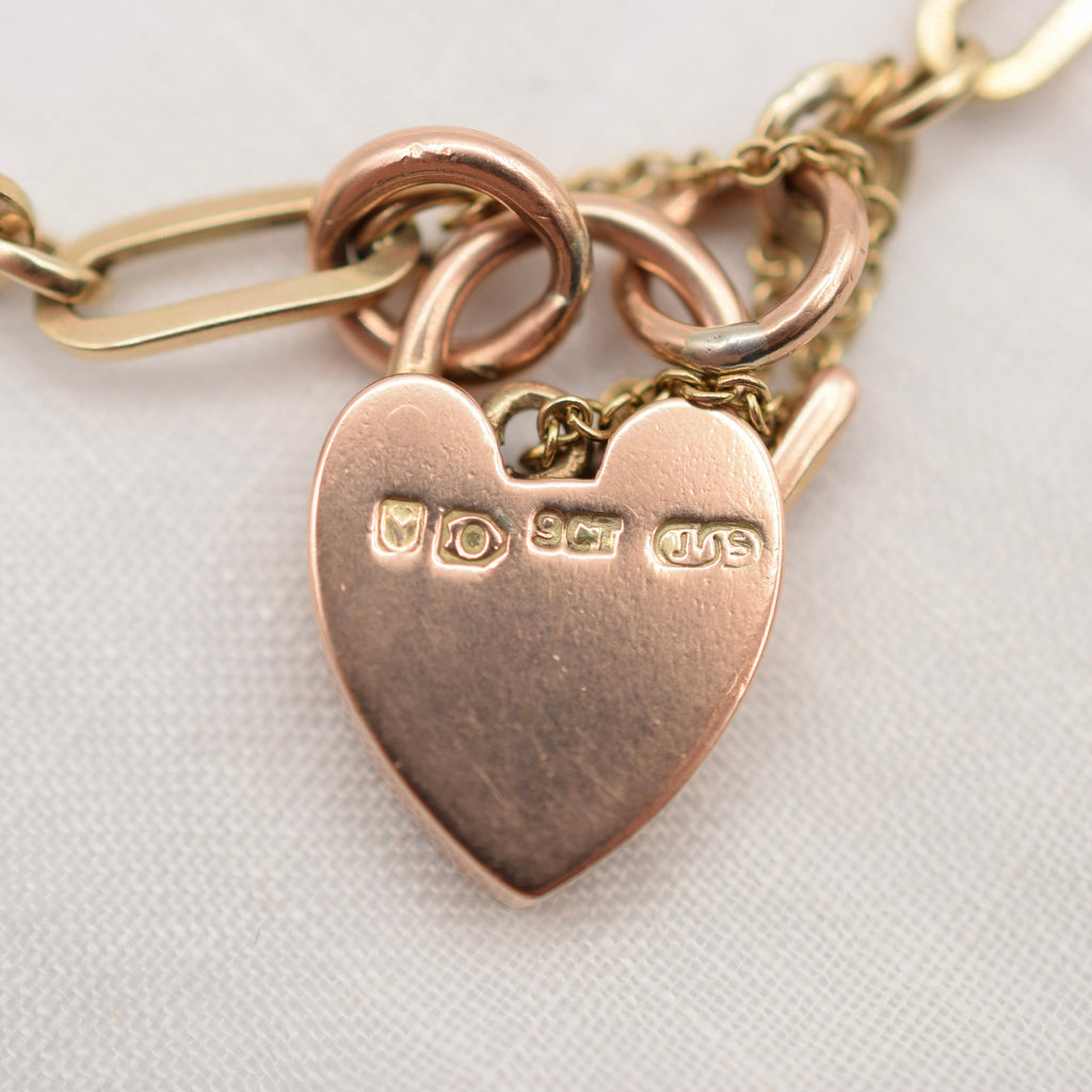 9K Gold Charm Bracelet with Heart Padlock Clasp - UK Hallmarked 1951  - 7.75 inches