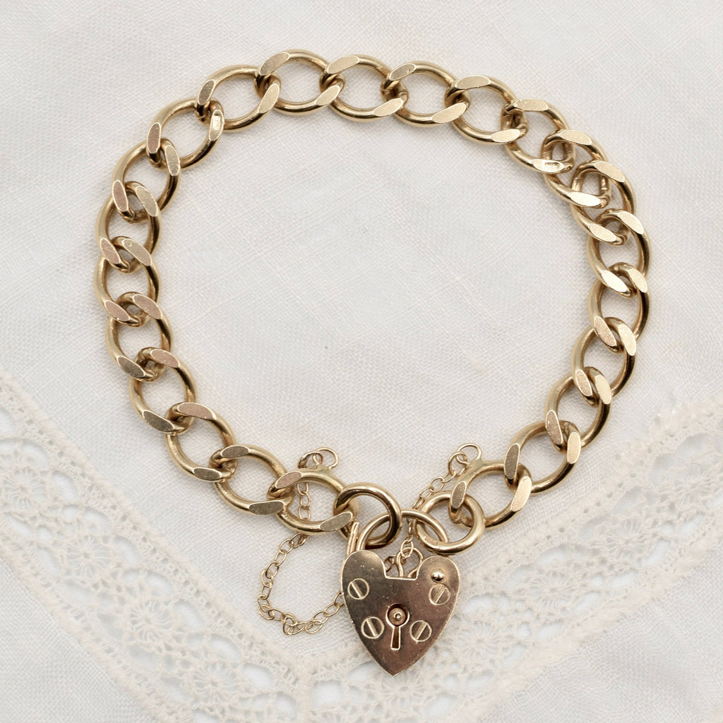 9K Flat Curb Link Charm Bracelet with Heart Padlock Clasp from 1990