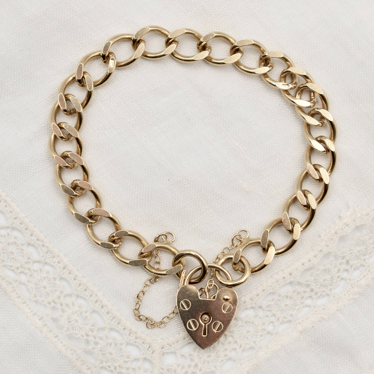 9K Flat Curb Link Charm Bracelet with Heart Padlock Clasp from 1990
