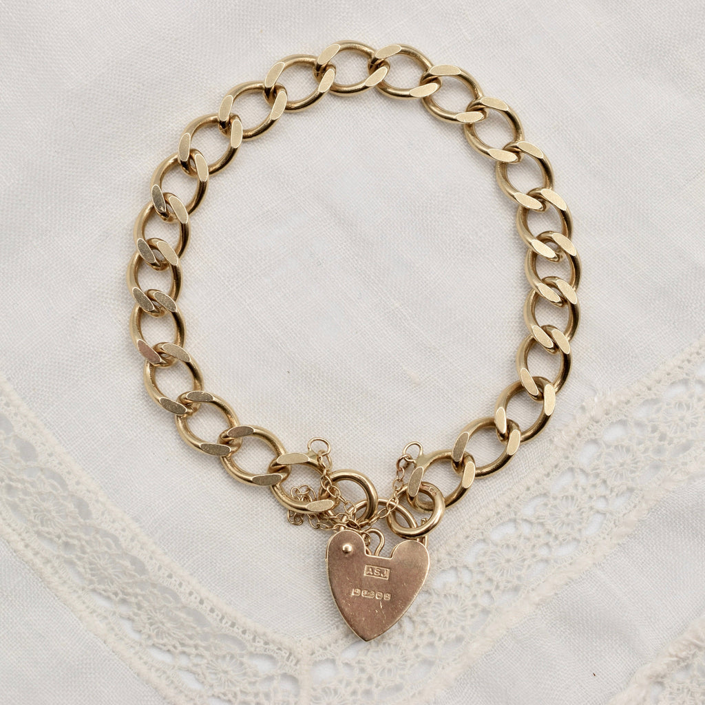 9K Flat Curb Link Charm Bracelet with Heart Padlock Clasp from 1990