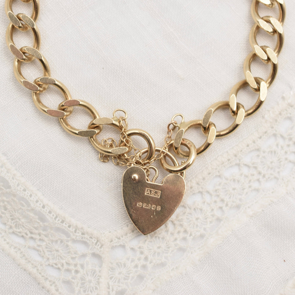 9K Flat Curb Link Charm Bracelet with Heart Padlock Clasp from 1990