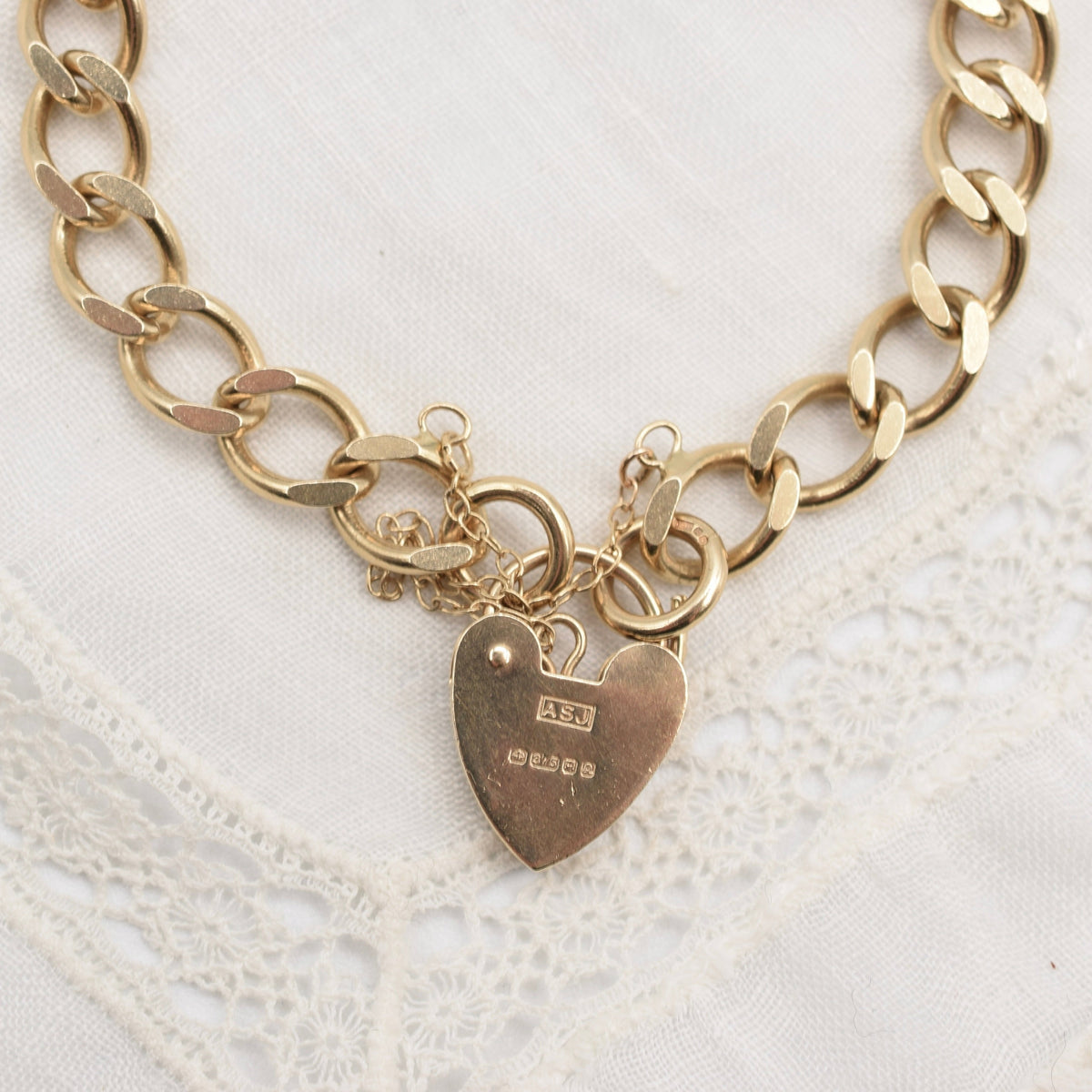 9K Flat Curb Link Charm Bracelet with Heart Padlock Clasp from 1990