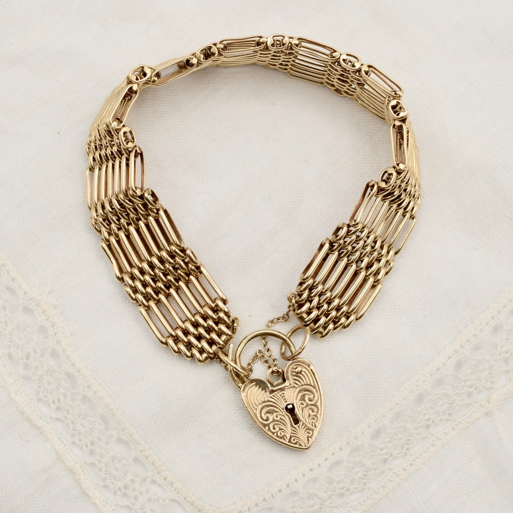 9K Solid Gold 7 Bar Wide Heavy Gate Bracelet with Heart Padlock - UK Hallmarked 1977 - 7 inch 25.3 grams