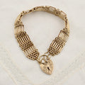 9K Solid Gold 7 Bar Wide Heavy Gate Bracelet with Heart Padlock - UK Hallmarked 1977 - 7 inch 25.3 grams