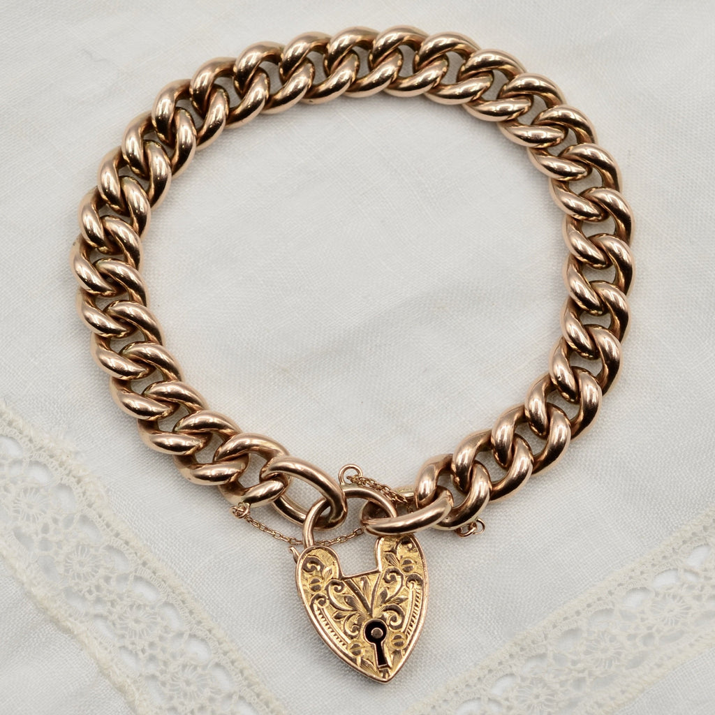 Antique 9K Rose Gold Curb Link Charm Bracelet with Heart Padlock