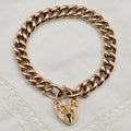 Antique 9K Rose Gold Curb Link Charm Bracelet with Heart Padlock