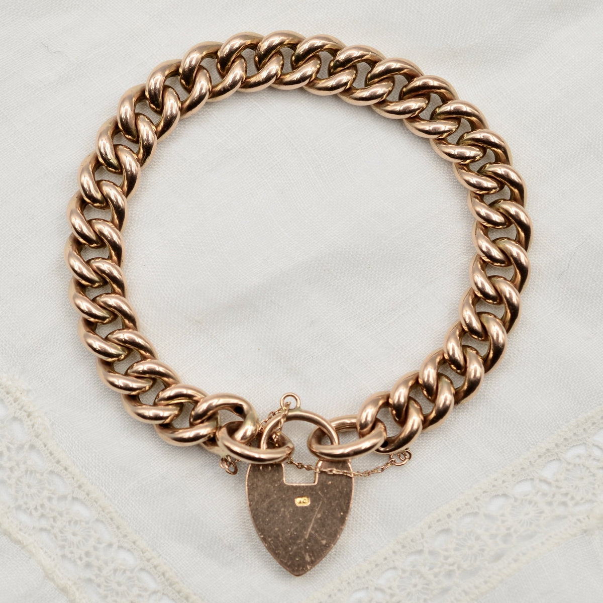 Antique 9K Rose Gold Curb Link Charm Bracelet with Heart Padlock