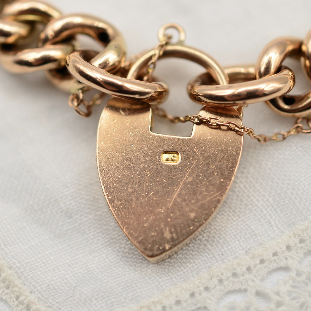 Antique 9K Rose Gold Curb Link Charm Bracelet with Heart Padlock