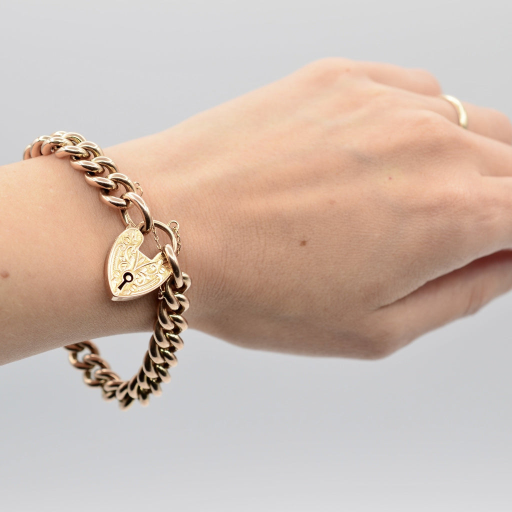 Antique 9K Rose Gold Curb Link Charm Bracelet with Heart Padlock