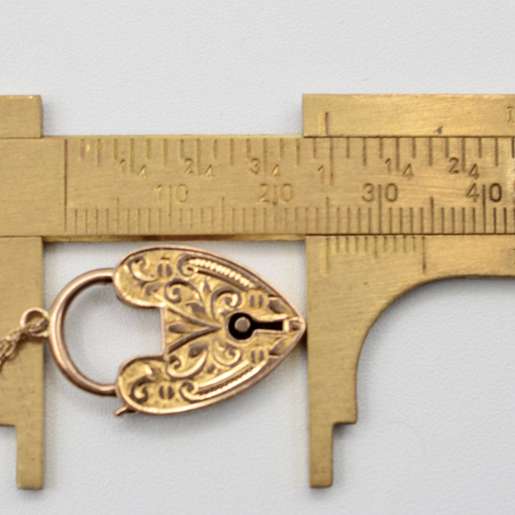 Antique 9K Rose Gold Curb Link Charm Bracelet with Heart Padlock
