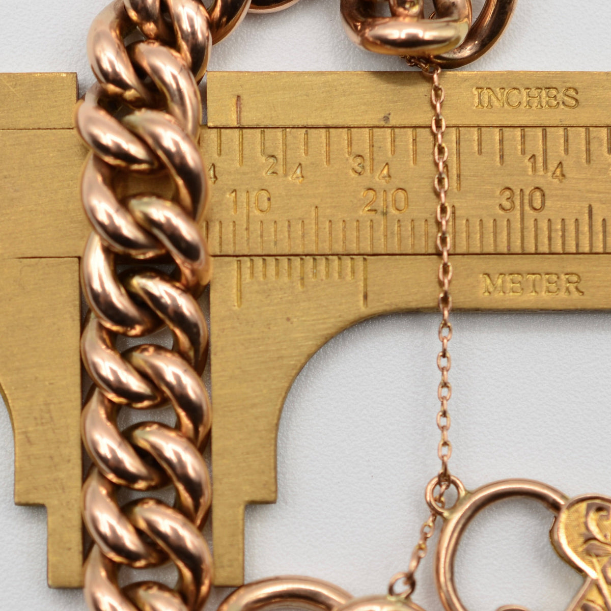 Antique 9K Rose Gold Curb Link Charm Bracelet with Heart Padlock