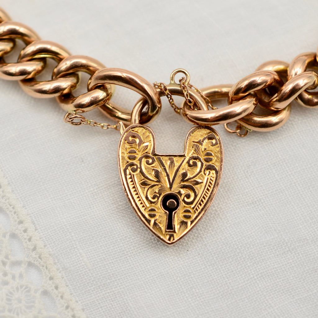Antique 9K Rose Gold Curb Link Charm Bracelet with Heart Padlock