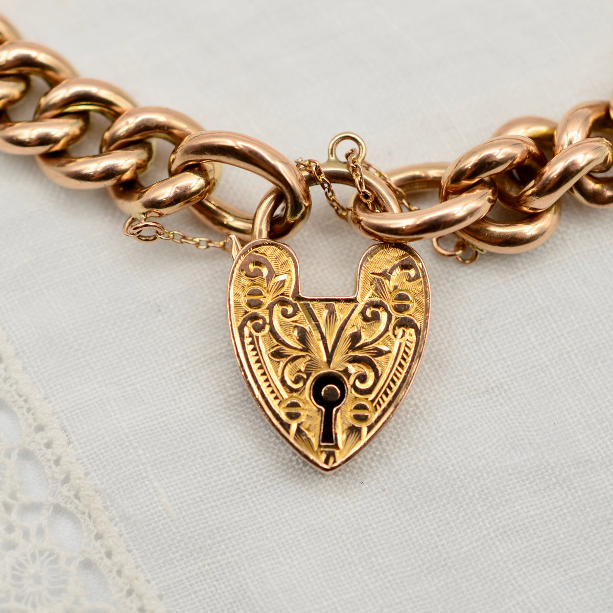 Antique 9K Rose Gold Curb Link Charm Bracelet with Heart Padlock
