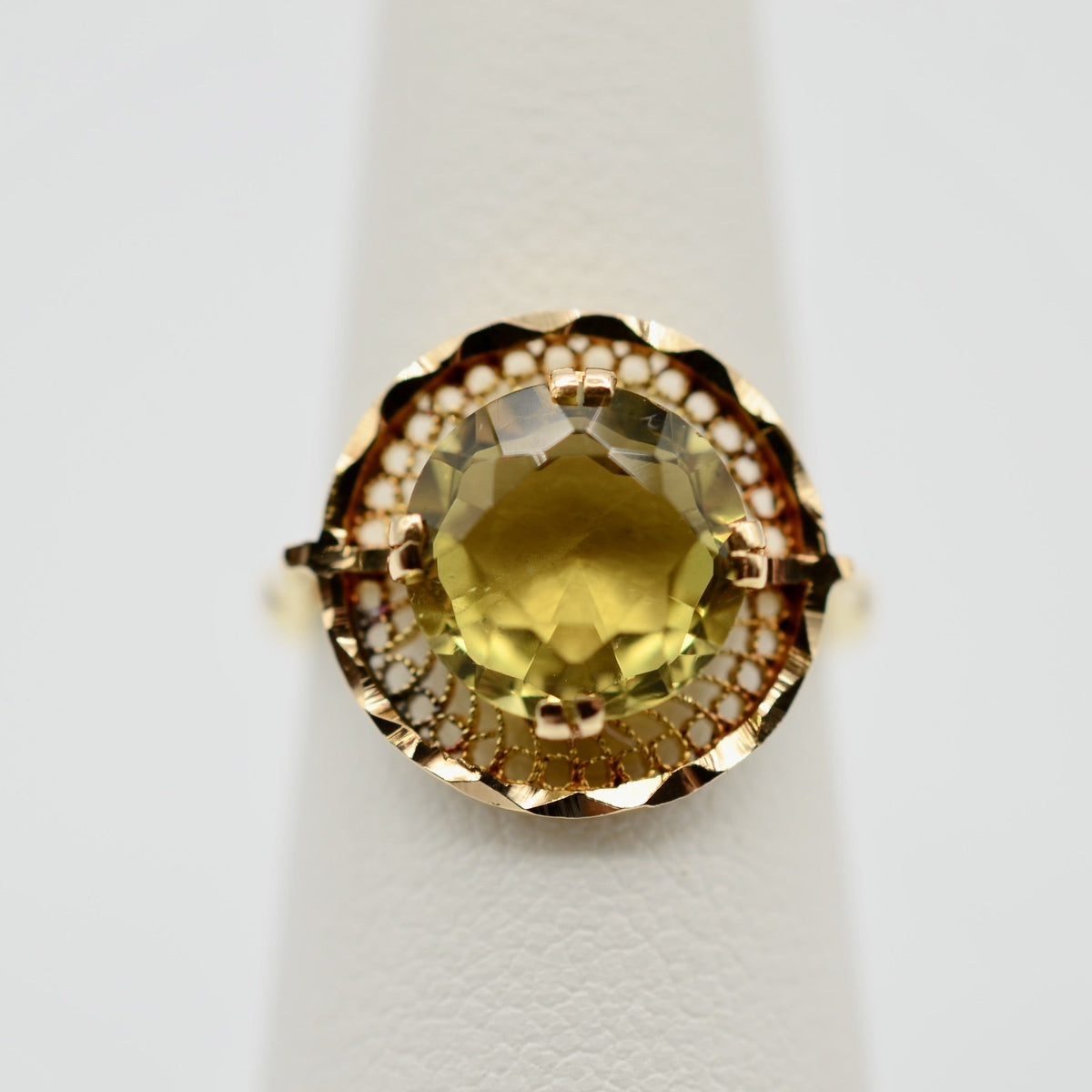 18K Gold Heliodor Cocktail Ring with Cannetille Halo