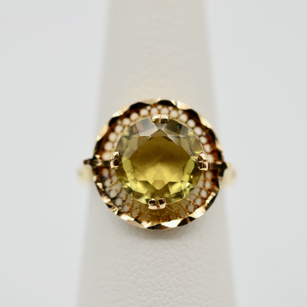18K Gold Heliodor Cocktail Ring with Cannetille Halo