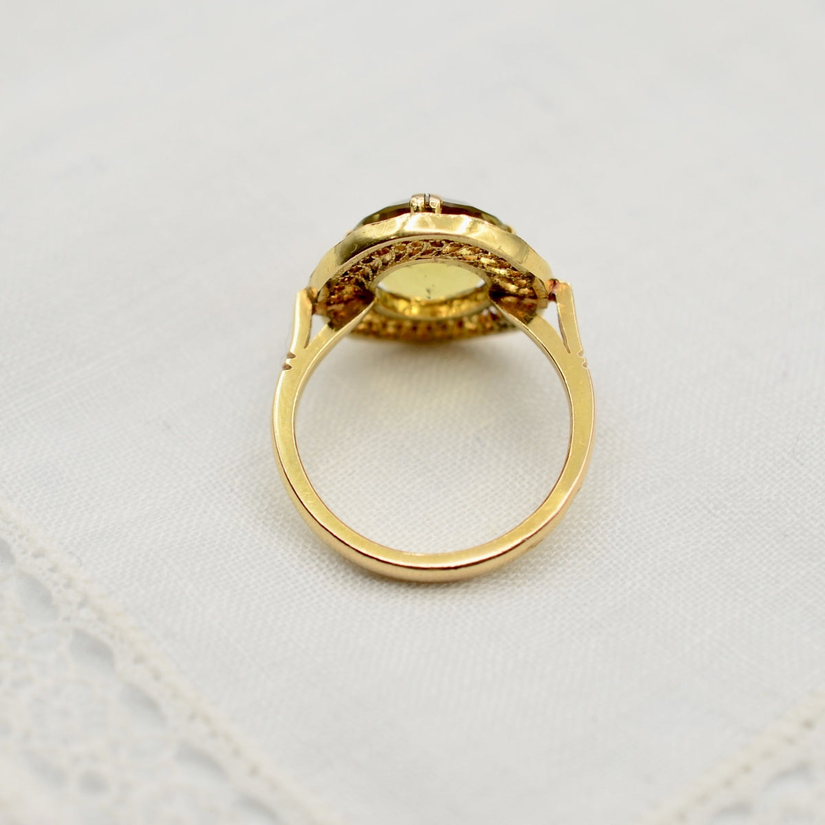 18K Gold Heliodor Cocktail Ring with Cannetille Halo