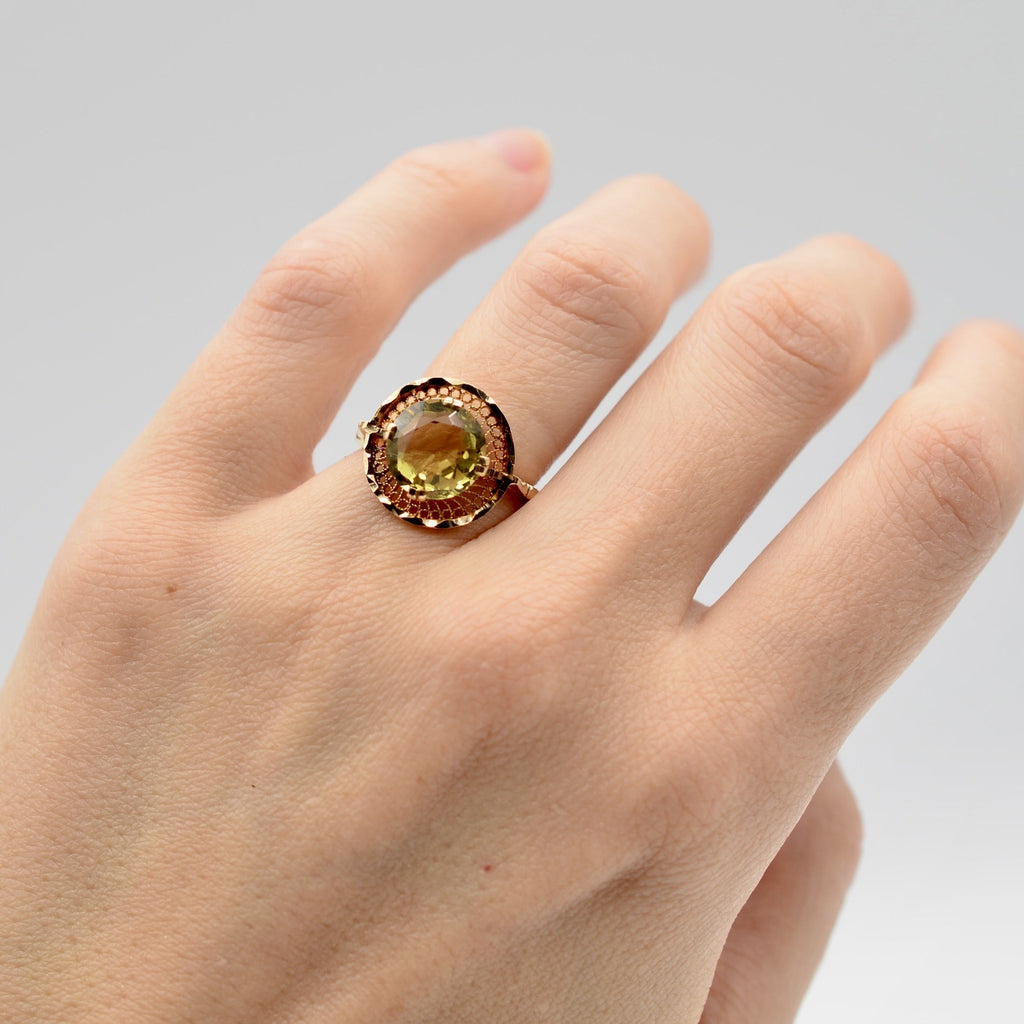18K Gold Heliodor Cocktail Ring with Cannetille Halo