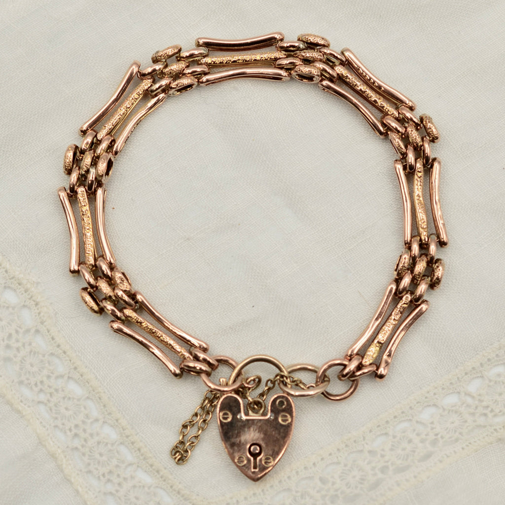 9K Rose Gold 3 Bar Textured Gate Bracelet with Heart Padlock - 7.2 inch
