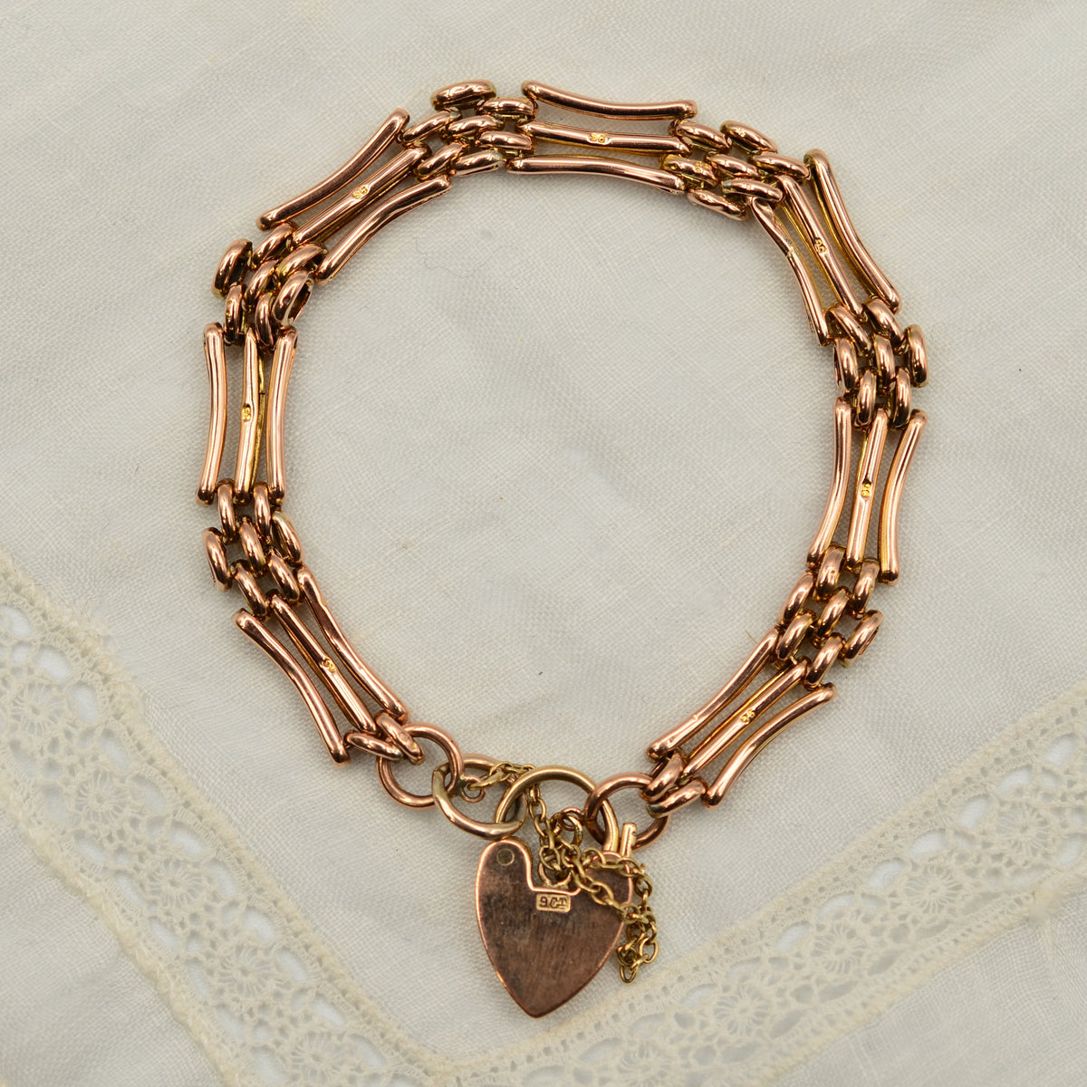 9K Rose Gold 3 Bar Textured Gate Bracelet with Heart Padlock - 7.2 inch