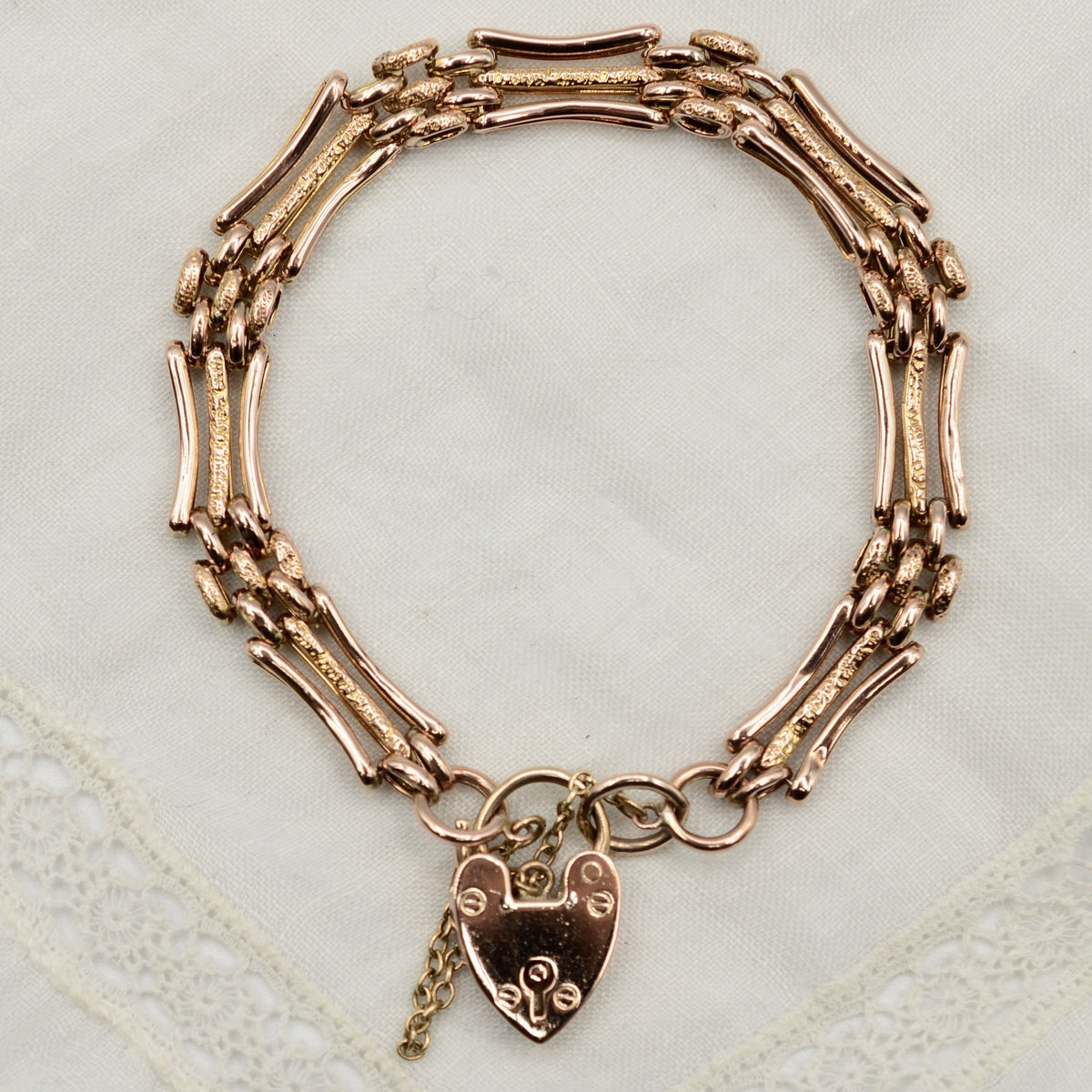 9K Rose Gold 3 Bar Textured Gate Bracelet with Heart Padlock - 7.2 inch