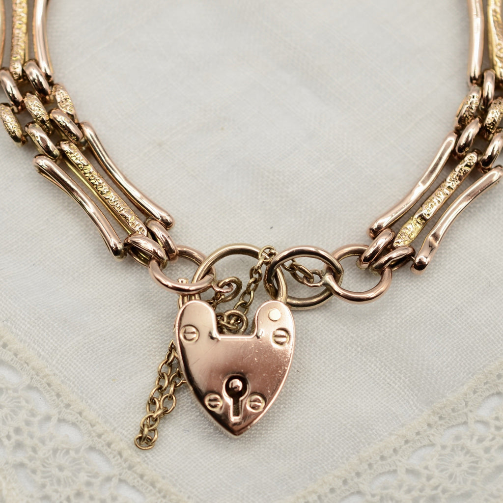 9K Rose Gold 3 Bar Textured Gate Bracelet with Heart Padlock - 7.2 inch