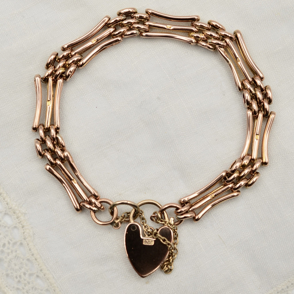 9K Rose Gold 3 Bar Textured Gate Bracelet with Heart Padlock - 7.2 inch