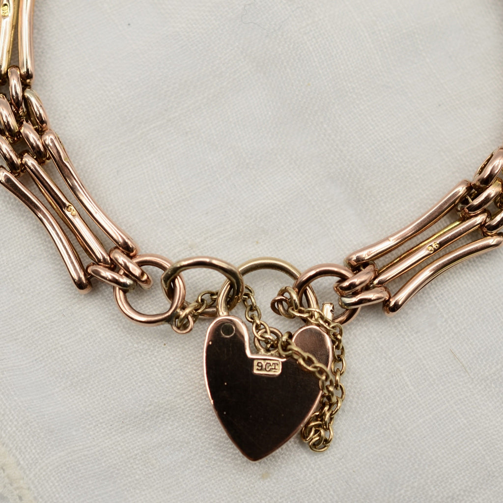 9K Rose Gold 3 Bar Textured Gate Bracelet with Heart Padlock - 7.2 inch