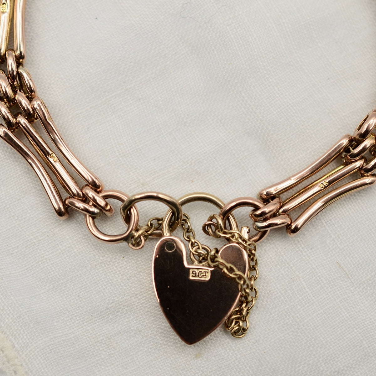 9K Rose Gold 3 Bar Textured Gate Bracelet with Heart Padlock - 7.2 inch