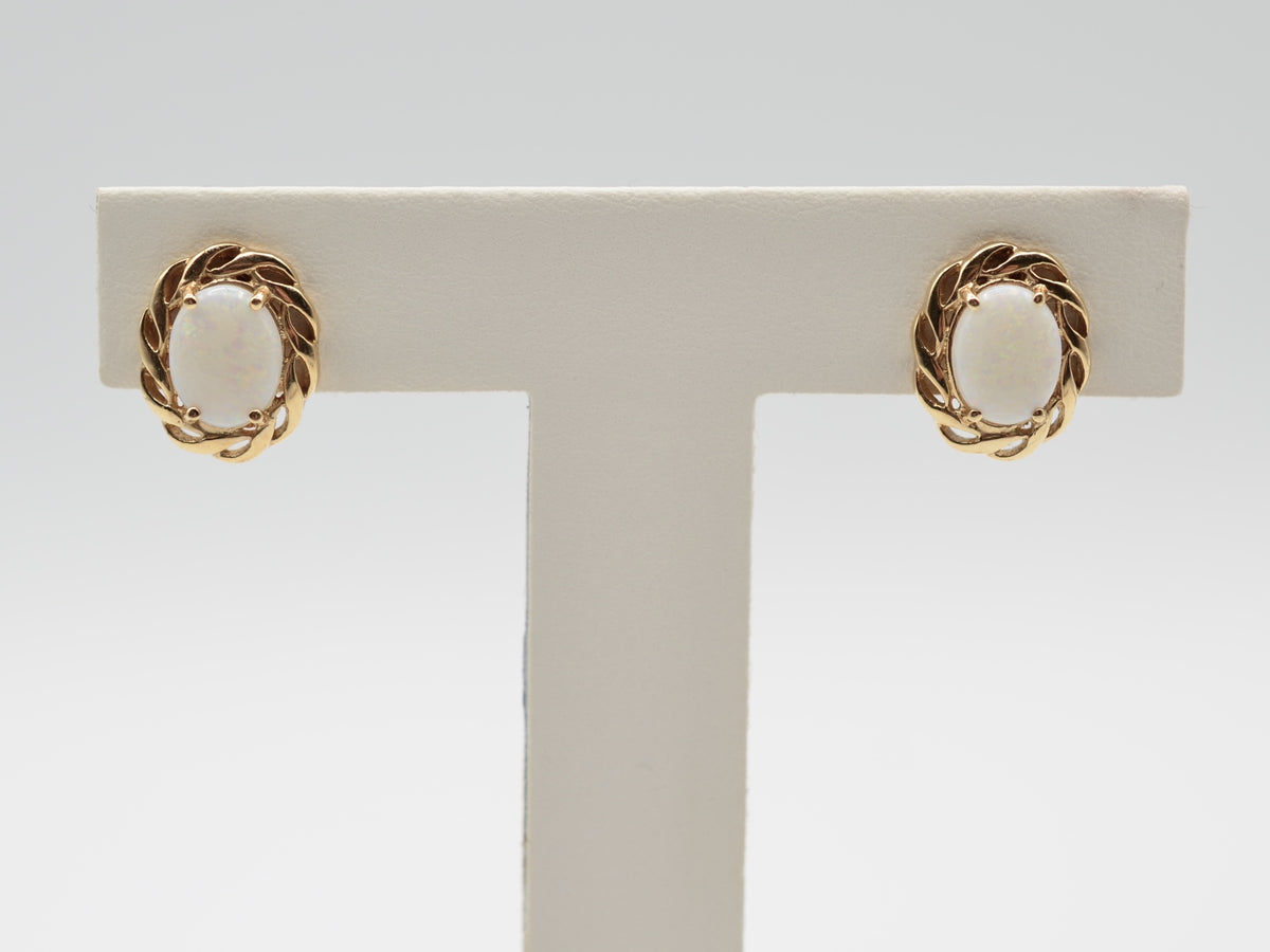 14k Yellow Gold Opal Woven Bevel Stud Earrings