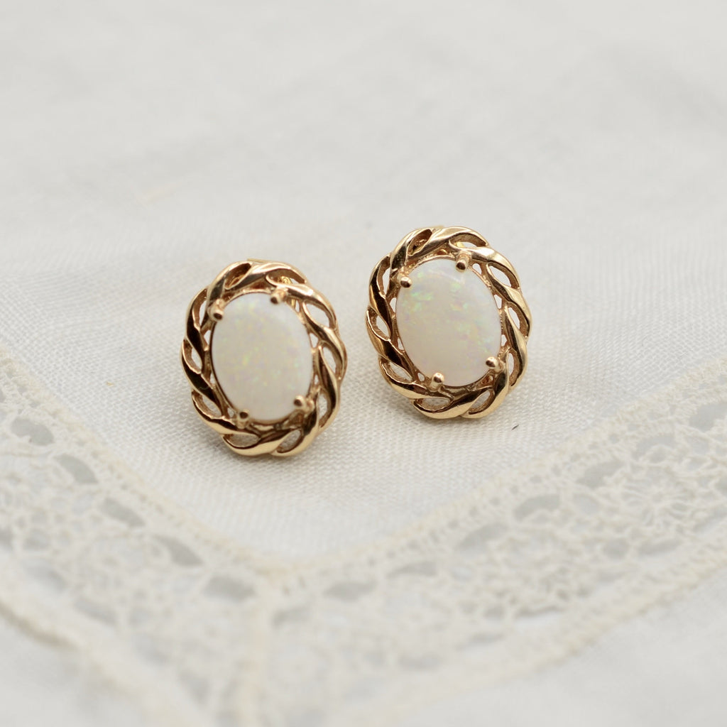 14k Yellow Gold Opal Woven Bevel Stud Earrings