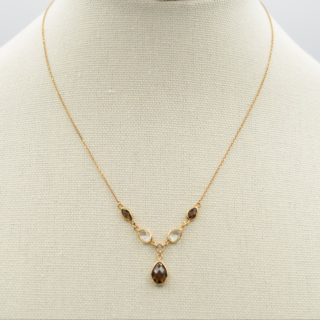 9K Gold Smoky Quartz Gemstone Drop Necklace - Adjustable 16 or 18 inch