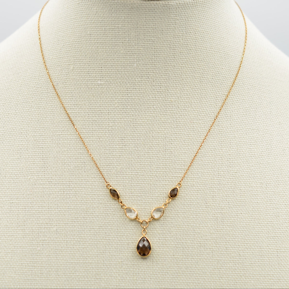 9K Gold Smoky Quartz Gemstone Drop Necklace - Adjustable 16 or 18 inch