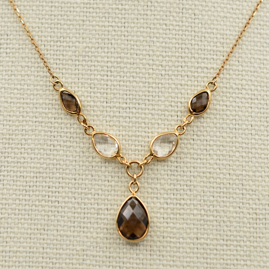 9K Gold Smoky Quartz Gemstone Drop Necklace - Adjustable 16 or 18 inch