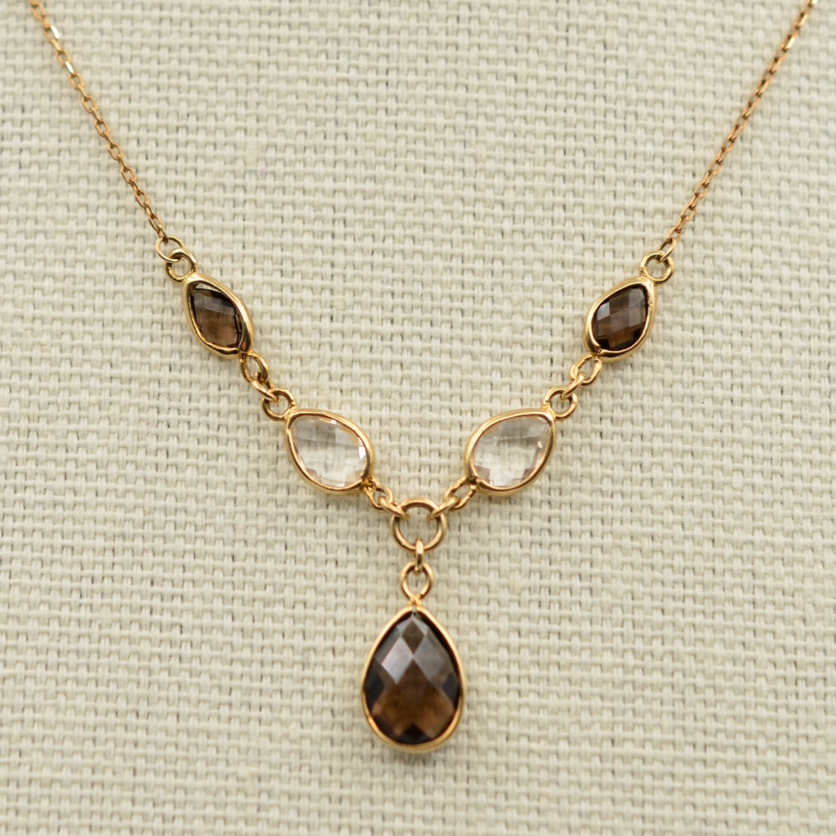 9K Gold Smoky Quartz Gemstone Drop Necklace - Adjustable 16 or 18 inch