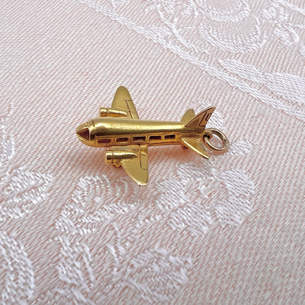 9K Solid Gold Plane Charm with Spinning Wheels - Hallmarked UK, 1955, Georg Jensen Ltd