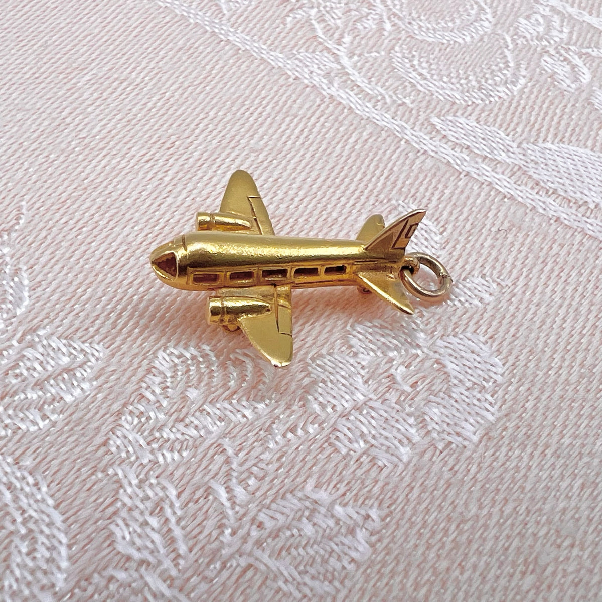 9K Solid Gold Plane Charm with Spinning Wheels - Hallmarked UK, 1955, Georg Jensen Ltd